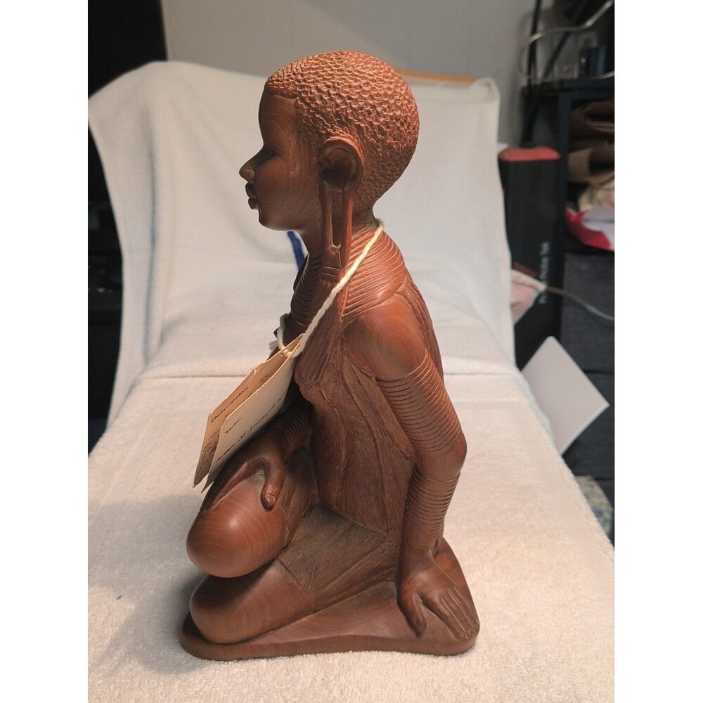 Mid Century Signed Mwania Kenya Mahogany Wood Sculpture Maasai Woman Gallery Tag